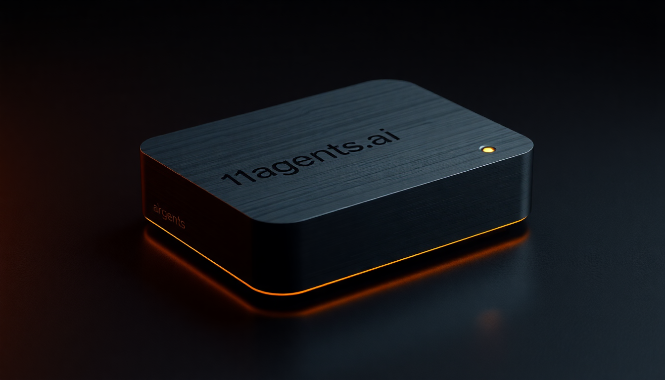 11.agents.ai hardware device — sleek black aluminum unit with amber accent